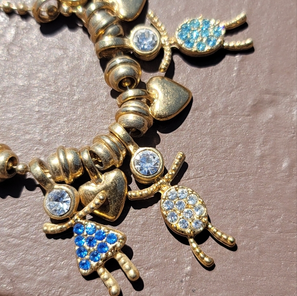 Vtg 30" Gold Tone Beaded Bracelet with Family Rhinestone Charms Hearts - Picture 5 of 6